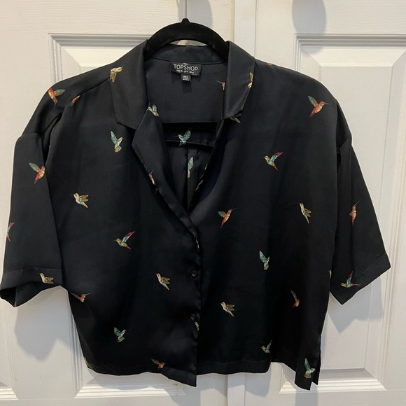 Topshop hummingbird petite button closure navy satin shirt - Picture 2 of 4
